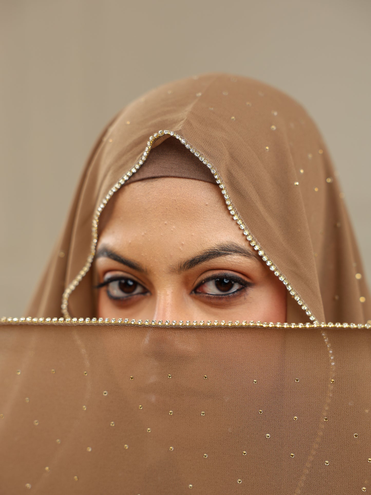 Nude Brown Luxury Rhinestone Lace Hijab