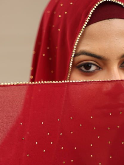 Red Luxury Rhinestone Lace Hijab
