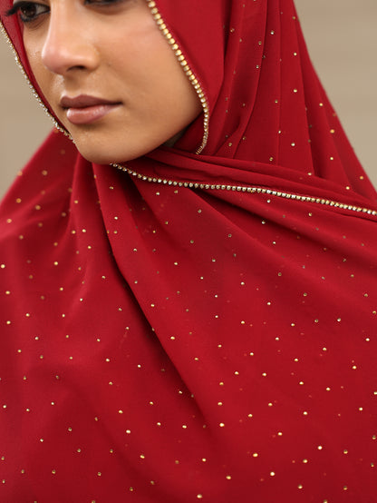 Red Luxury Rhinestone Lace Hijab