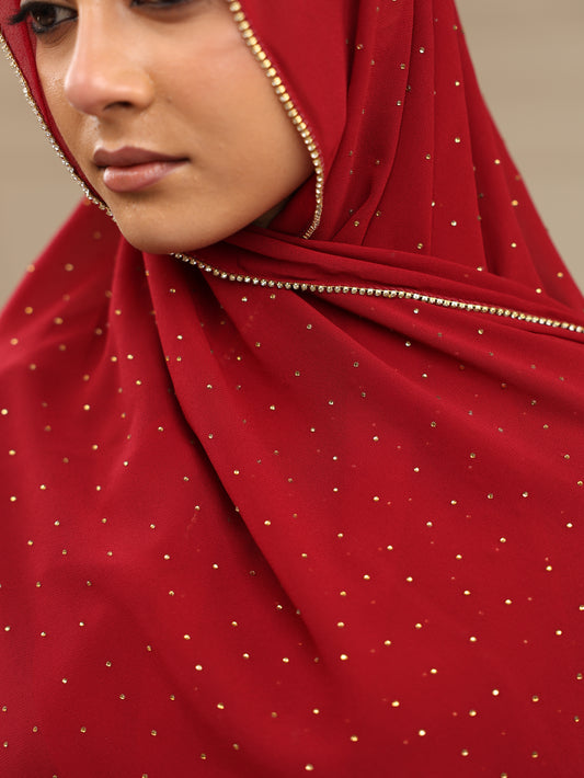 Red Luxury Rhinestone Lace Hijab